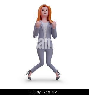 Glückliche weibliche Sprünge und Freude am Erfolg bei der Arbeit. 3. Realistisches Modell junger Mitarbeiter in Bürokleidung. Vektor-Illustration im Cartoon-Stil in orange und grau. Weibliches Springen und Erfolg bei der Arbeit. 3. Realistisches Modell junger Mitarbeiter in Bürokleidung Stock Vektor