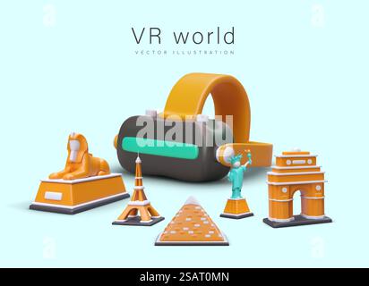 Virtuelle Welt. Schulungssimulator. Weltattraktionen besuchen, in der digitalen Welt reisen. Cyberspace. VR 3D-Brille, Sphinx, Pyramide, Eiffelturm, Freiheitsstatue, India Gate. Virtuelle Welt. Schulungssimulator. Weltattraktionen besuchen, in der digitalen Welt reisen Stock Vektor