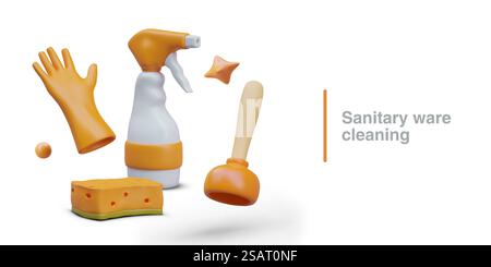 Farbenfrohes Poster mit einer Sammlung realistischer 3D-Elemente für das Putzhaus. Reinigungskonzept für Sanitärartikel. Vektorabbildung in orangefarbenen Farben mit weißem Hintergrund. Farbenfrohes Poster mit einer Sammlung realistischer 3D-Elemente für das Putzhaus Stock Vektor