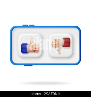 3D Daumen hoch und Daumen runter Handgesten in Mobiltelefon isoliert. „Gefällt mir“- und „gefällt mir nicht“-Handsymbole auf dem Bildschirm rendern. Symbole für Kundenbewertung oder Abstimmung. Zeichentrickfinger-Gesten. Vektorabbildung. 3D Daumen hoch und Daumen runter Gesten im Telefon Stock Vektor