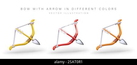 Gezeichneter Bogen mit Pfeil. Vektorobjekte in verschiedenen Farben. Alte Handfeuerwaffen. Liebe Pfeile. Amur-Waffe. Satz realistischer Illustrationen im Cartoon-Stil. Gezeichneter Bogen mit Pfeil. Vektorobjekte in verschiedenen Farben. Alte Handfeuerwaffen Stock Vektor