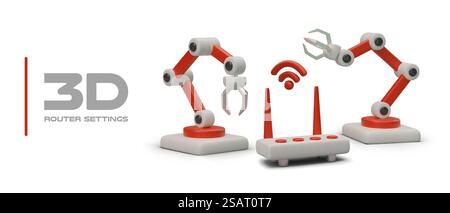 Router-Einstellungen. 3D-Farbabbildung auf weißem Hintergrund. Robotermanipulatoren, Router mit Antennen, WLAN-Signal. Internetzugang, Anbieterdienste. Router-Einstellungen. 3D-Farbabbildung auf weißem Hintergrund Stock Vektor