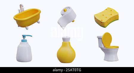 Farbset mit niedlichen Ikonen für Bad, Dusche und Spa-Salon. Realistische Badewanne, Toilettenpapier am Halter, Schwamm, Toilette, unbeschriftete Flaschen mit Kosmetikprodukten. Isolierte Bilder. Farbset mit niedlichen Ikonen für Bad, Dusche und Spa-Salon. Realistische Badewanne, Toilettenpapier Stock Vektor