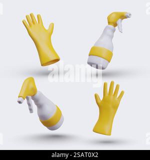 Realistische Gummihandschuhe rechts und links, Spritzpistole in verschiedenen Positionen. Gelbe Vektorillustration mit Schatten. Bildsatz für Reinigungsdesign. Vorlagen für Webdesign in Farbe. Realistische Gummihandschuhe rechts und links, Spritzpistole in verschiedenen Positionen Stock Vektor