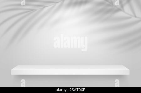 Weißes Regal mit Schattenüberlagerung der Palmblattsilhouette auf grauem Hintergrund. Sonnenlicht-Effekt für Sommerplakat. Vorlage für Vektormodelle Stock Vektor