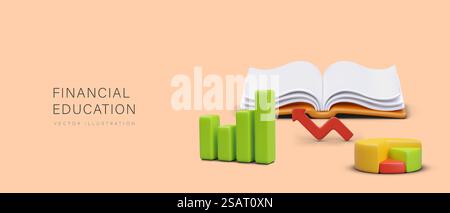 Das Konzept der Finanzwissenschaft. Geöffnetes Buch, Geschäftspfeil nach oben, Balkendiagramm, Tortendiagramm. Werbung für Bildungseinrichtungen, Kurse, Mentoren. Horizontales Layout mit 3D-Abbildung. Das Konzept der Finanzwissenschaft. Geöffnetes Buch, Geschäftspfeil nach oben, Balkendiagramm, Tortendiagramm Stock Vektor