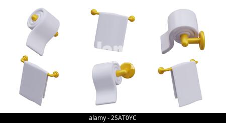 Textilien und Papier für die Hygiene. Handtuch und Toilettenpapier Rollen auf Metallhalter. Vektorobjekte mit sauberer weißer Oberfläche, Platz für Logo, Modell. Bilder an verschiedenen Positionen. Badezimmerzubehör. Textilien und Papier für die Hygiene. Handtuch und Toilettenpapier Rollen auf Metallhalter Stock Vektor