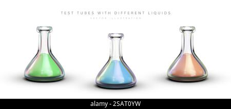 Set von Reagenzgläsern mit Flüssigkeit. Dreieckskolben mit flachem Boden. Isolierte Vektordarstellung. Symbole für Ihr Design. Chemie, Physik, Pharmakologie, Laborthema. Set von Reagenzgläsern mit Flüssigkeit. Dreieckskolben mit flachem Boden Stock Vektor