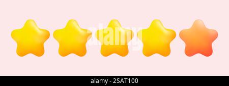 Fünf 5-Sterne-Rang-Zeichen. Vier goldene Sterne von fünf. 3D Glossy Golden Stars Aufkleber Icon Bewertung isoliert auf rosa Hintergrund. Serviceklasse, Symbol für Leistung. Vektorabbildung Stock Vektor