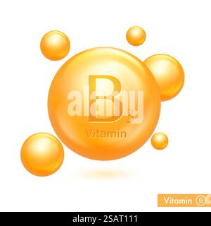 Gold-Symbol des Vitamin-E-Vektors. 3D-Kapsel mit goldenem Tropfen. Strahlender Tropfen. Schönheitsbehandlung Ernährung Hautpflegedesign Stock Vektor