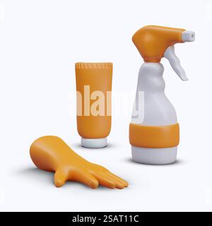 Kollektion mit Creme, Spray und Handschuhen in Orange. Reinigung der Rohrleitungen, Putzhaus. Handschutz. Vektorabbildung im realistischen 3D-Stil. Kollektion mit Creme, Spray und Handschuhen in Orange Stock Vektor