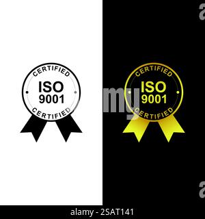 ISO-Zertifizierungsstempel oder -Etikett in schwarz-goldener Farbe isoliert auf weißem und dunklem Hintergrund Stock Vektor
