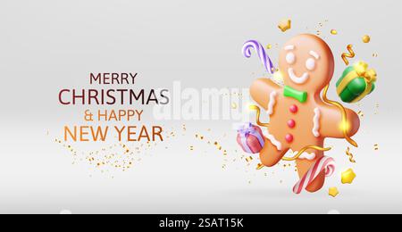 3D Holiday Lebkuchen man Cookie und Konfetti. Plätzchen in Form eines Menschen mit farbiger Zuckerguss. Frohe Neujahrsdekoration. Frohe Weihnachtsfeiertage. Neujahrsfeier. Vektorabbildung. 3D Holiday Lebkuchen man Cookie und Konfetti. Stock Vektor