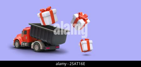 Realistischer Truck voller Geschenke. Großzügige Promotion, Boni für Käufer. Verlosung. Farbiges Werbeplakat für soziale Netzwerke. Banner auf violettem Hintergrund, Text platzieren, Link-Schaltfläche. Realistischer Truck voller Geschenke. Großzügige Promotion, Boni für Käufer Stock Vektor