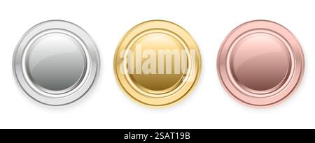 Sammlung von Vektormünzen oder Medaillen. Set aus glänzenden runden Rahmen in Gold-, Silber- und Bronzefarben. Siegerembleme für die Belohnung für den ersten, zweiten und dritten Platz Stock Vektor