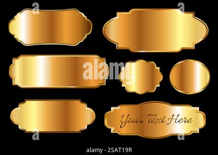 Elegantes Vintage-Gold-Label-Set. Sammlung von Hochglanzetiketten mit Rahmen isoliert auf schwarzem Hintergrund. Luxuriöses goldenes Abzeichen oder Emblem für Logo und Banner. Vektorabbildung EPS10 Stock Vektor