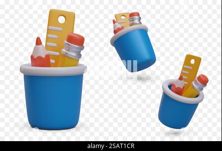 Realistischer Becher mit Bleistiften, Lineal. Ständer für Schreibwaren. Farbige Symbole im Cartoon-Stil. Niedliche, isolierte Illustrationen für Bildungsprojekte, Schulbedarf. Büroartikel. Realistischer Becher mit Bleistiften, Lineal. Ständer für Schreibwaren. Farbige Symbole im Cartoon-Stil Stock Vektor