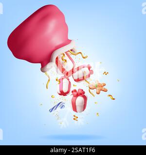 3D Open Santa Claus Sack voller Geschenke isoliert. Rendering Red Cloth Bag für Geschenke. Frohe Neujahrsdekoration. Frohe Weihnachtsfeiertage. Neujahrsfeier. Realistische Vektordarstellung. 3D Open Santa Claus Sack voller Geschenke Stock Vektor