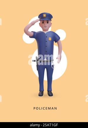 Der Mann hält die Hand nahe am Kopf und grüßt. Professioneller Polizist in blauer Uniform bereit zur Arbeit. Glücklicher Offizier, Polizist-Porträt auf gelbem Hintergrund. Vektorillustration mit Textstelle. Der Mann hält die Hand nahe am Kopf und grüßt. Professioneller Polizist in blauer Uniform bereit zur Arbeit Stock Vektor