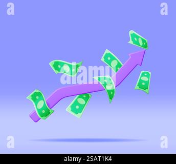 Pfeil für 3D-Wachstumsaktendiagramm mit Dollar. „Stock Pfeil mit Geld rendern“ zeigt Wachstum oder Erfolg an. Finanzposition, Business Investment Financial Market Trade. Geld und Bankwesen. Vektorabbildung. Pfeil für 3D-Wachstumskarte mit goldenen Münzen Stock Vektor
