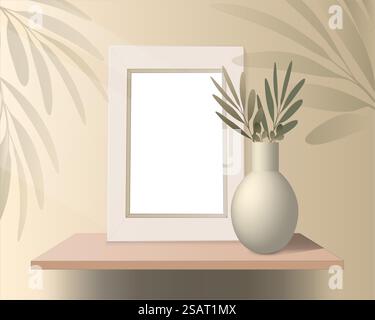 Wohnzimmer in Pastellfarben. Minimale Szene mit Regal, Vase, Bild und tropischen Blättern. Stativ oder Plattform zur Präsentation von Kosmetikprodukten. 3D-Vektorpodium für Produktpräsentation, Modellanzeige Stock Vektor