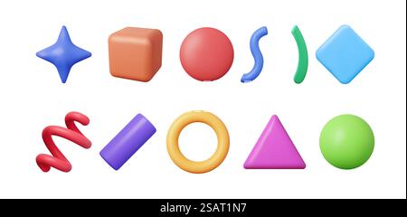 3D-Party-Konfetti-Set isoliert auf weiß. Render Plastilin-Konfetti-Kollektion. Bunte Feuerwerkselemente in verschiedenen Formen. Party-, Urlaubs-, Überraschungs- oder Geburtstagsveranstaltungen. Vektorabbildung. 3D-Party-Konfetti-Set isoliert auf weiß. Stock Vektor