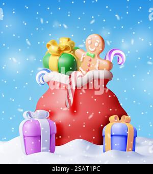 3D Open Santa Claus Sack voller Geschenke im Schnee. Rendering Red Cloth Bag für Geschenke. Frohe Neujahrsdekoration. Frohe Weihnachtsfeiertage. Neujahrsfeier. Realistische Vektordarstellung. 3D Open Santa Claus Sack voller Geschenke im Schnee Stock Vektor
