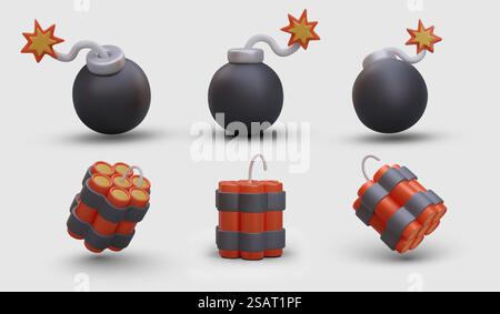 Sprengkörper verschiedener Art. Runde schwarze Bombe mit brennendem Seil, Stangen aus Dynamit zusammengebunden. Pyrotechnik. Explosionskonzept im Online-Spiel. Runde schwarze Bombe mit brennendem Seil, Stangen aus Dynamit zusammengebunden Stock Vektor