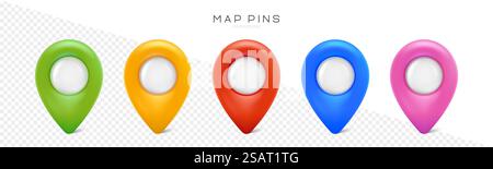 Stiftsatz mit Schatten. Kartenmarken für gps-Punkt. Vector 3D-Kunststoffstecknadeln oder Plattenstifte für Papierhinweise isoliert auf transparentem Hintergrund Stock Vektor