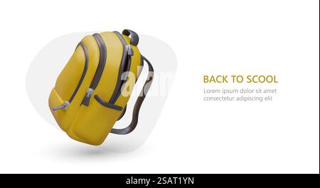 Zurück zur Schule. Realistischer gelber Schulrucksack. Poster auf weißem Hintergrund, Platz für Text. Vektorwerbung für den Laden von Schulbedarf, Schreibwaren, Taschen. Zurück zur Schule. Realistischer gelber Schulrucksack. Poster auf weißem Hintergrund, Platz für Text Stock Vektor