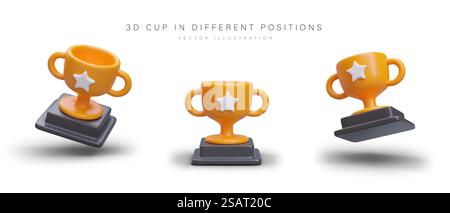 3D-Trophäenbecher mit zwei Griffen am Ständer. Objekt an verschiedenen Positionen. Gold Award für Gewinner. Symbol für Erfolg, Sieg. Erster Platz im Wettbewerb. Satz von Vektorbildern. 3D-Trophäenbecher mit zwei Griffen am Ständer. Objekt an verschiedenen Positionen Stock Vektor