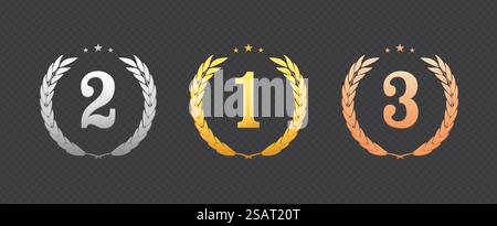 Gold, Silber, Bronze-Medaillen Vektor. Abzeichen mit der ersten, zweiten und dritten Platzierung. Rundes Etikett Mit Kränz. Gewinnerpreis. Gewinntrophäe Stock Vektor