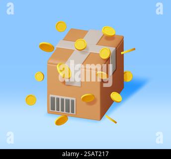 3D-Karton mit Goldmünzen im Inneren isoliert. Geschlossenes Kartonpaket mit Bargeld. Spenden Sie Geld, Wohltätigkeit, Sparen Sie Geld. Fracht, Lieferung und Transport. Vektorabbildung. 3D-Karton mit Goldmünzen im Inneren Stock Vektor