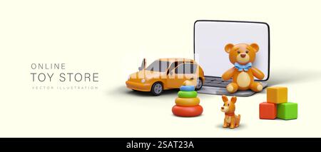 Online-Spielwarenladen. Kauf verschiedener Spielzeuge über Laptop. 3D-Automobil, Pyramide und Würfel, flauschiger Teddybär und Hund. Vektorillustration mit Textstelle. Online-Spielwarenladen. Kauf verschiedener Spielzeuge über Laptop. 3D-Automobil, Pyramide und Würfel Stock Vektor