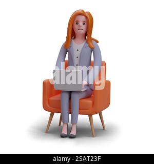 Lächelnde Frau in Bürokleidung, sitzend im Stuhl, mit Laptop und Tippen. 3D realistisches Konzept für Geschäftsmitarbeiter. Vektor-Illustration im Cartoon-Stil in orange und grau. Lächelnde Dame in Bürokleidung sitzt auf einem Stuhl, hält Laptop und schreibt Stock Vektor