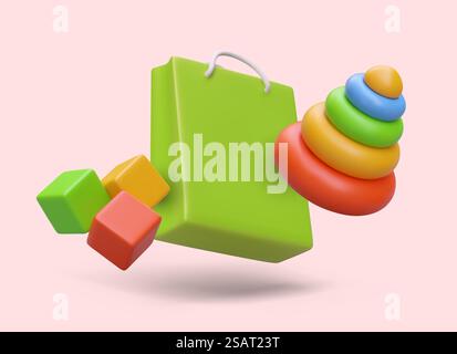 Einkaufstasche mit farbenfrohen 3D-Lernspielzeugen. Farbenfrohes Poster für Webshops, in denen Spielzeug für Kinder verkauft wird. Vektorillustration in grünen, gelben und roten Farben. Einkaufstasche mit farbenfrohen 3D-Lernspielzeugen. Farbenfrohes Poster für Webshops, in denen Spielzeug verkauft wird Stock Vektor