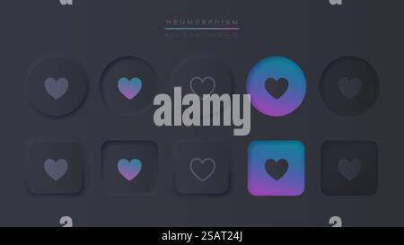 Wie ein Knopf im Pneumorphismus-Stil. Love-Symbol für schwarze ui ux-Designelemente oder Herzform im pneumorphen Kreis Stock Vektor