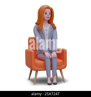 3D realistische junge Frau in Bürokleidung, die auf einem Sessel sitzt und sich ausruht. Geschäftsangestellter wartet auf Meeting. Vektor-Illustration im Cartoon-Stil in orange Farben. 3D realistische junge Frau in Bürokleidung, die auf einem Sessel sitzt und sich ausruht Stock Vektor