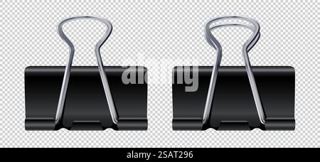 Büroklammern Set. Schwarze realistische Binderclips, Papierhalter aus Metall isoliert auf weißem Hintergrund. Sammlung von Büromaterial aus Stahl. Vektor-3D-Abbildung EPS10 Stock Vektor