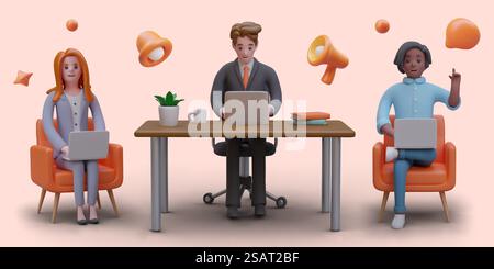 Farbenfrohes Poster mit realistischen 3D-Zeichentrickfiguren, die auf Laptops sitzen und arbeiten. Geschäftsteam, das im Büro an einem Projekt arbeitet. Vektorabbildung im 3D-Stil. Farbenfrohes Poster mit realistischen 3D-Zeichentrickfiguren, die auf Laptops sitzen und arbeiten Stock Vektor