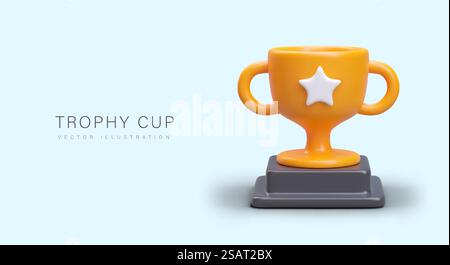 3D-Trophäenbecher auf dem Ständer. Goldener Siegerpokal. Erster Preis. Sportsieg, Champion Award. Vektorvorlage für Wettbewerbe, Turniere, Wettbewerbe. Banner im Cartoon-Stil. 3D-Trophäenbecher auf dem Ständer. Goldener Siegerpokal. Erster Preis Stock Vektor