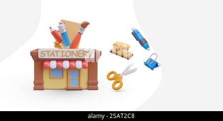 Helles Schreibwarengeschäft, dekorative 3D-Elemente. Schere, Hefter, Ordner, Stift. Schul- und Bürobedarf. Werbung im Online-Shop. Farbvektorkonzept. Helles Schreibwarengeschäft, dekorative 3D-Elemente. Schere, Hefter, Ordner, Stift Stock Vektor