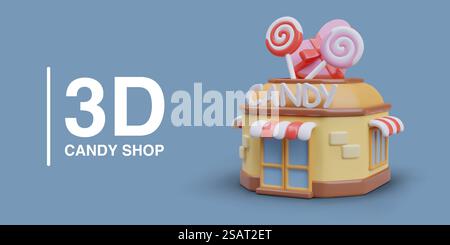 3D realistische Süßigkeiten auf blauem Hintergrund und Platz für Text. Bestellen Sie leckere Produkte online. Das Konzept von Süßigkeiten und Süßigkeiten. Vektorabbildung im 3D-Stil. 3D realistische Süßigkeiten auf blauem Hintergrund und Platz für Text Stock Vektor