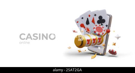 Online-Casino-Poster mit Textstelle. Glücksspielkonzept, Poker in der mobilen App spielen. Spielautomat, Spielkarten, rote Chips, Smartphone. Vektorabbildung im 3D-Stil. Online-Casino-Poster mit Textstelle. Spielkonzept, Poker spielen Stock Vektor