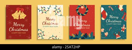 Frohe Weihnachten 2024 Cover-Prospektset in flachem Design. Postervorlagen mit Glocken mit Schleife, Girlandenbeleuchtung, Kranz mit Tannenzapfen und Weihnachtsdekor, festlich, Socken und Süßigkeiten. Vektorabbildung. Stock Vektor