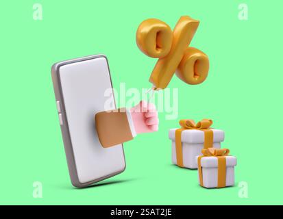 Rabatt als Geschenk. Realistische Hand, die aus dem Smartphone ragt und den Prozentsatz der Ballons hält. Geschenkboxen mit Bändern gebunden. Bonuskonzept im Cartoon-Stil. Rabatt als Geschenk. Realistische Hand, die aus dem Smartphone ragt und den Prozentsatz der Ballons hält Stock Vektor