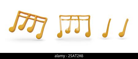 Viertelnote und 4 16. Noten. Goldene Musiksymbole. Komplexe und einfache Klänge. Musikalische Buchstaben. Isolierte Bilder, Ansicht aus verschiedenen Winkeln. Viertelnote und 4 16. Noten. Goldene Musiksymbole Stock Vektor