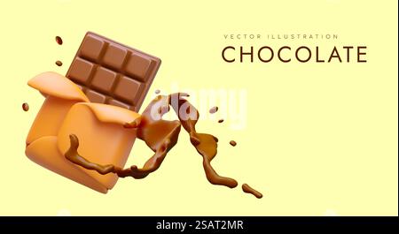 Realistische Schokoladenriegel in der Verpackung, Schokoladenspritzer. Vektorillustration im Cartoon-Stil. Heiße, trinkende Schokolade, Glasur. Werbekonzept auf gelbem Hintergrund. Realistische Schokoladenriegel in der Verpackung, Schokoladenspritzer. Vektorillustration im Cartoon-Stil Stock Vektor