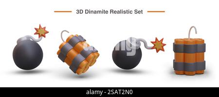 Set mit 3D-Sprengkörpern. Schwarze runde Bombe mit brennendem Seil, Dynamit-Sticks, zusammengeheftet, Kanonenkugel. Isolierte Vektorbilder, Symbole auf weißem Hintergrund. Schwarze runde Bombe mit brennendem Seil, Dynamit-Sticks, zusammengeheftet, Kanonenkugel Stock Vektor