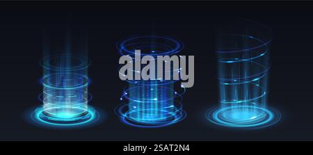 Verbessere dich in einem realistischen Vektor-Illustrationsset für Videospiele. Blinkende Lichteffekte von Portalen 3D-Elementen auf schwarzem Hintergrund. Technologie-Vorlage, Level-up in Video-Spiel realistische Vektor-Illustration Set. Blinkende Lichteffekte von Portalen 3D-Elementen auf schwarzem Hintergrund. Technologievorlage Stock Vektor